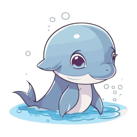 Cute cartoon dolphin in the water. Vector illustration isolated