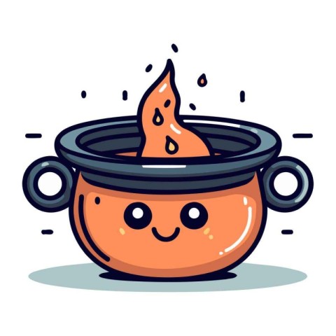 Cute kawaii pot with fire. Vector illustration in cartoon style.