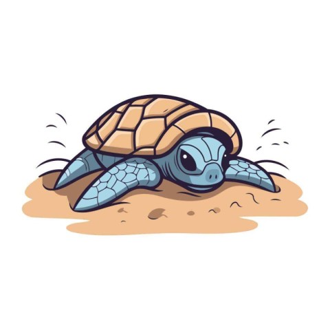 Cute cartoon turtle on the sand. Vector illustration of a sea an