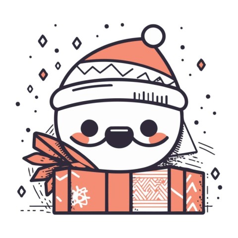 Cute cartoon snowman with christmas present. Vector illustration