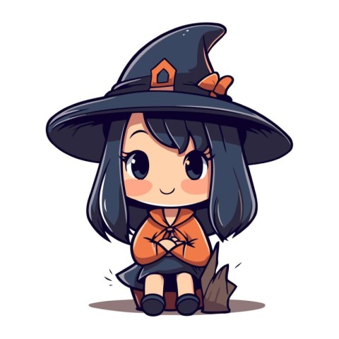 Cute little witch sitting on the ground. Vector cartoon illustra