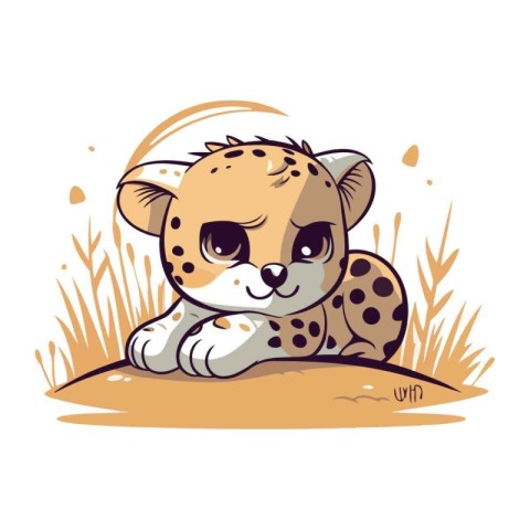 Cute cartoon cheetah sitting on the grass. Vector illustration.