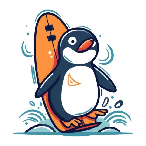 Cute penguin with surfboard. Vector illustration in cartoon styl