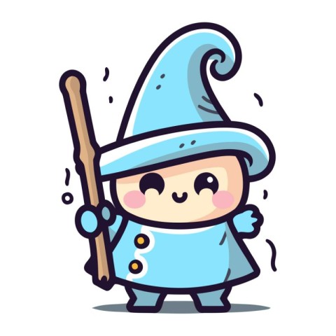 Cute little gnome holding a magic stick. Vector illustration.