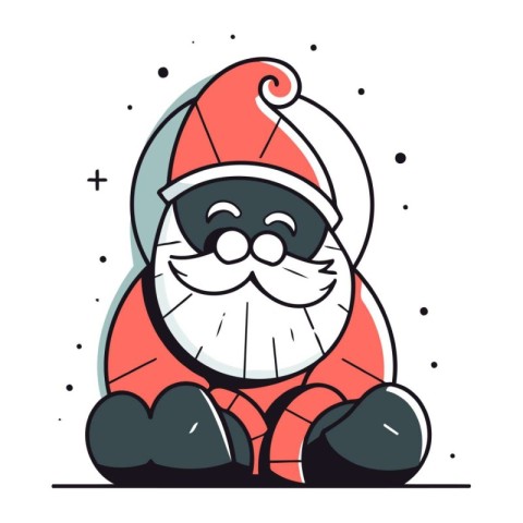 Cute cat in Santa Claus hat. Vector illustration in line art sty