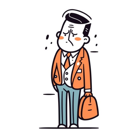 Sad senior man with briefcase. Vector illustration in doodle sty