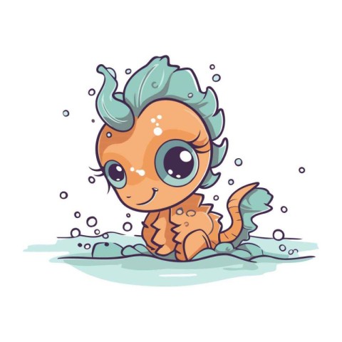 Cute cartoon sea horse in the water. Vector illustration on whit