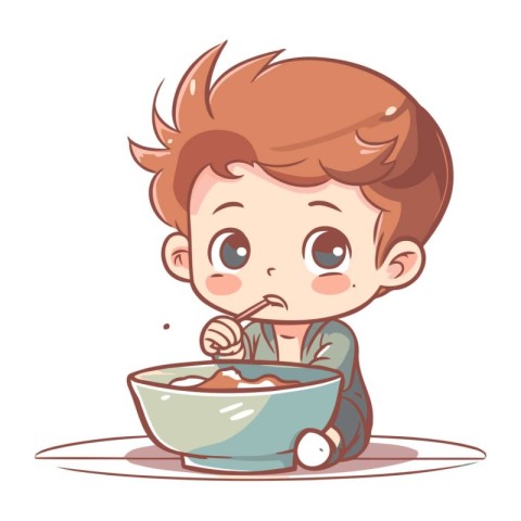 Illustration of a Cute Little Boy Eating a Bowl of Food