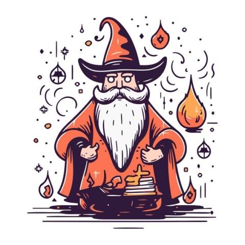 Halloween vector illustration. Cute cartoon spooky wizard with a