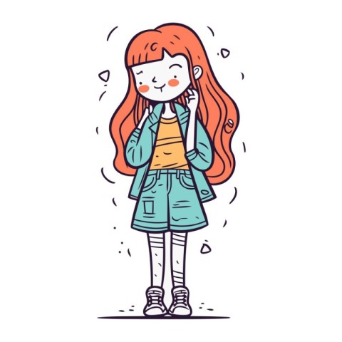 Cute little girl with long red hair in casual clothes. Vector il