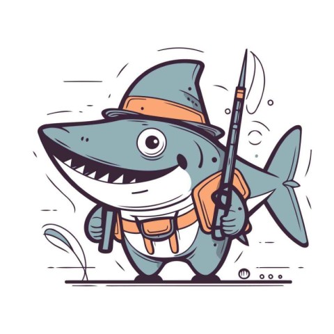 Cute cartoon shark with a fishing rod in his hand. Vector illust