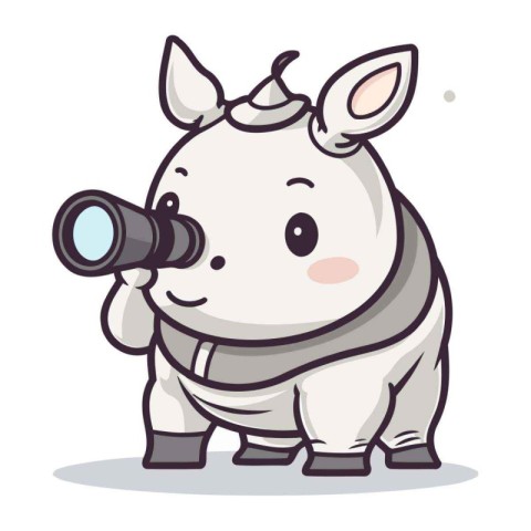 Cute rhinoceros with binocular. Vector illustration.