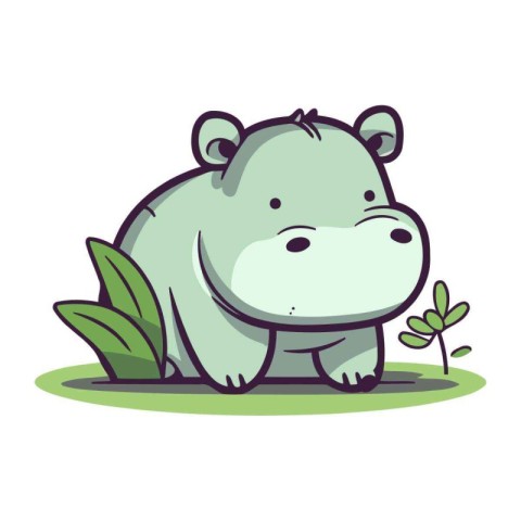 Cute hippopotamus sitting on the grass. Vector illustration.