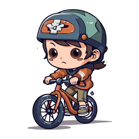 Cute little boy in helmet riding a bike. Vector illustration.