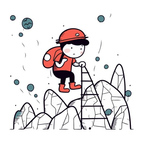 Cartoon vector illustration of a boy climbing the top of the mou