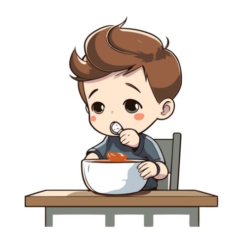 Illustration of a Cute Little Boy Eating a Bowl of Soup