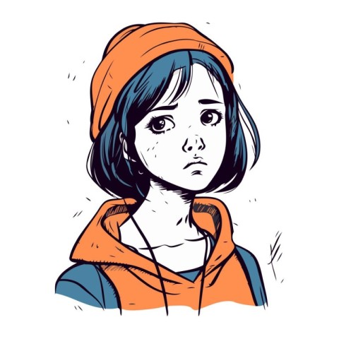 Portrait of a sad girl in an orange cap. Vector illustration.