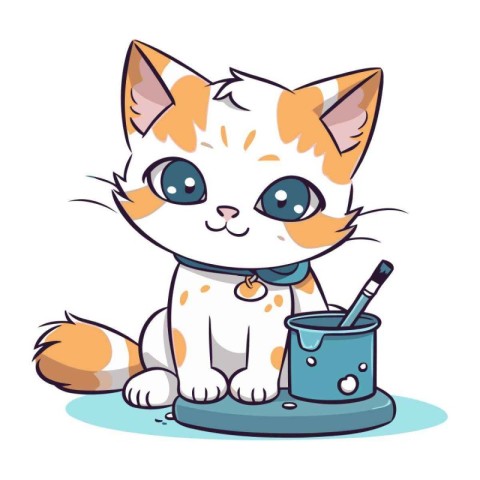 Cute cartoon cat with paint bucket and brush. Vector illustratio