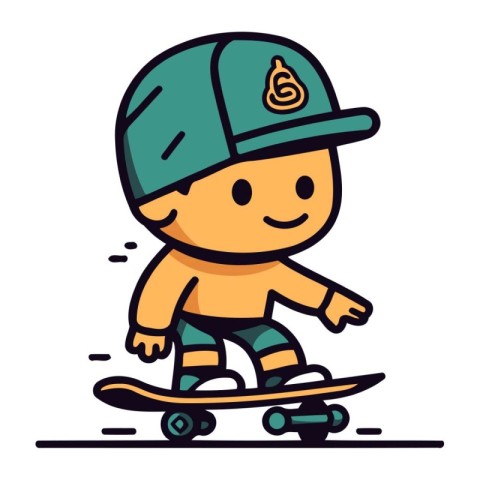 Cute little boy rides a skateboard. Vector illustration in a fla