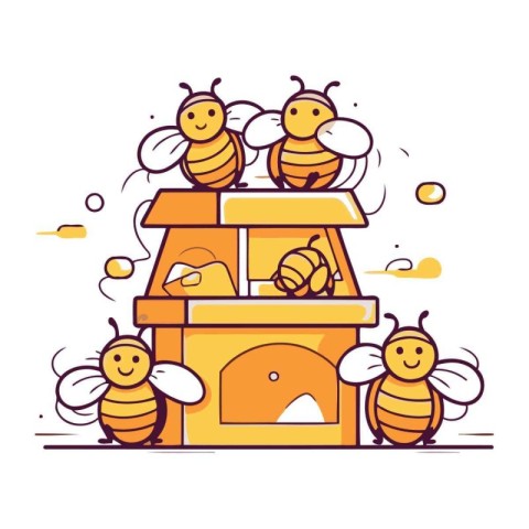 Vector illustration of cute cartoon bees flying to the beehive.