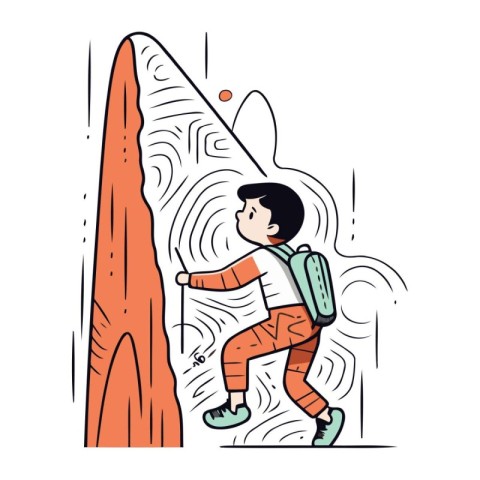 Little boy climbing on a rock. Vector illustration in cartoon st