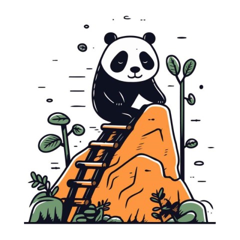 Cute panda sitting on the top of the mountain. Vector illustrati