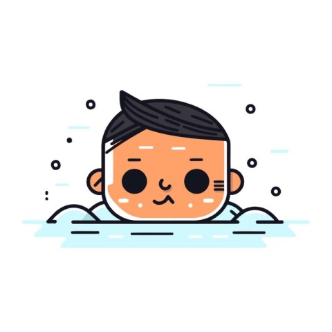 Cute boy face in swimming pool. Vector line art illustration.