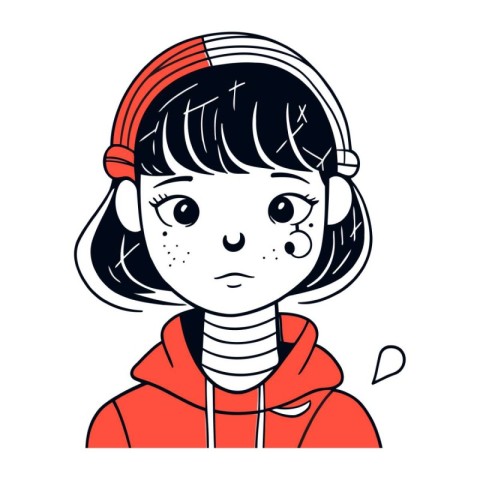 Cute little girl with headphones. Vector illustration in cartoon