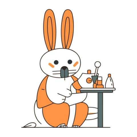 Cute cartoon hare sitting at the table. Vector illustration.