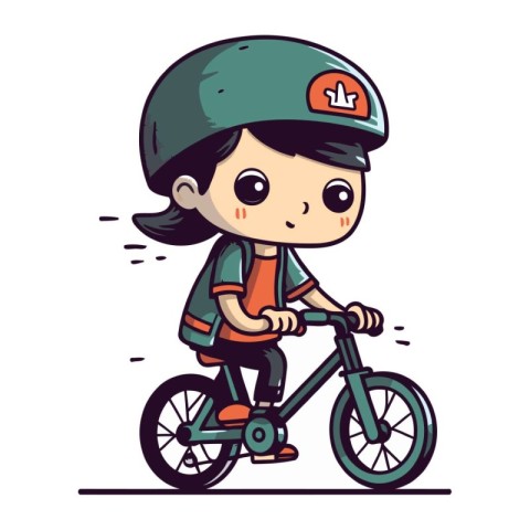 Cute little girl in a helmet riding a bicycle. Vector illustrati