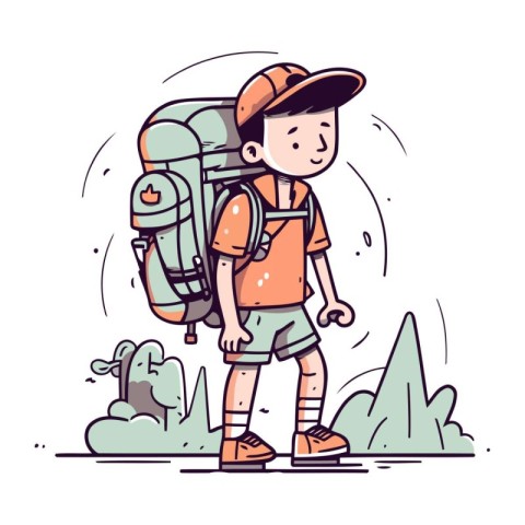 Hiking boy with backpack. Vector illustration in doodle style