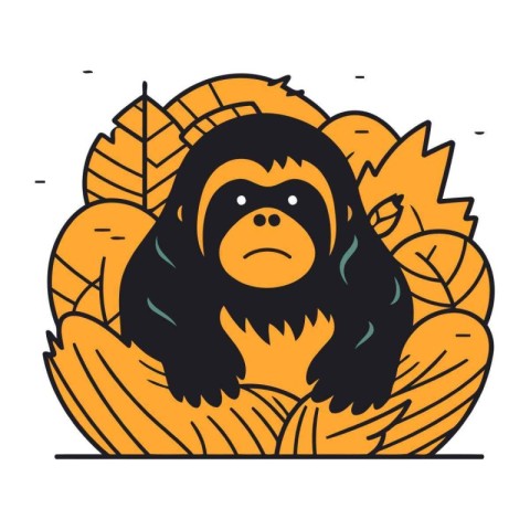 Gorilla in autumn leaves. Vector illustration in doodle style.