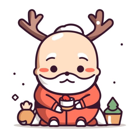 Santa Claus with reindeer and cupcake   Merry Christmas and Happ