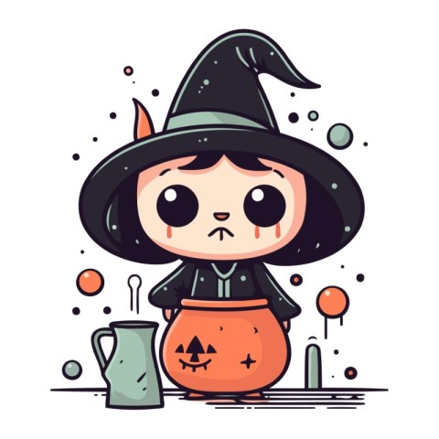 Cute little girl witch with a pot of potion. Vector illustration