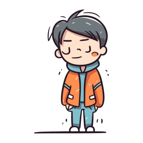 Boy standing and smiling. Vector illustration in doodle style.