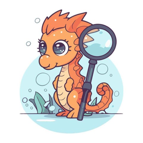 Cute cartoon seahorse with magnifying glass. Vector illustration