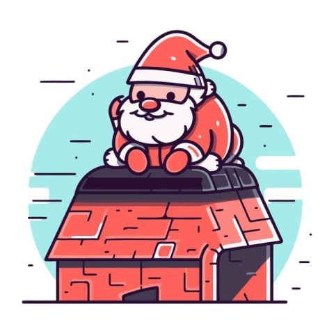 Santa Claus sitting on the roof of the house. Vector illustratio