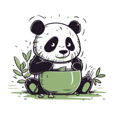 Cute panda sitting in a pot with a cup of tea