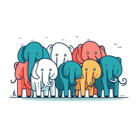 Group of elephants. Vector illustration in line art style on whi