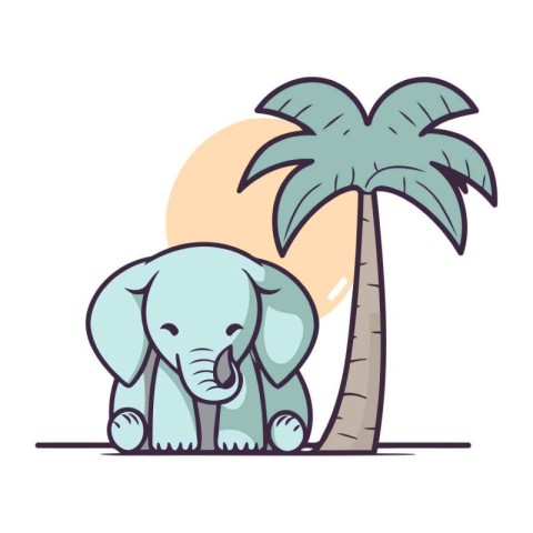 Elephant and palm tree. Vector illustration in flat cartoon styl