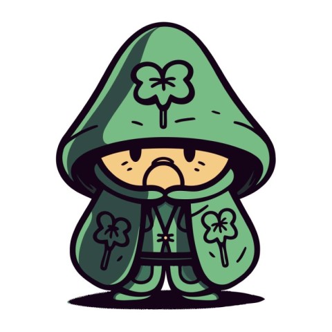 Cute cartoon gnome with clover leaves. Vector illustration.