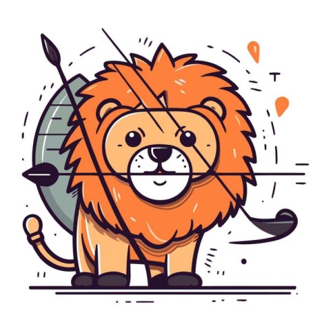 Lion with bow and arrow. Cute cartoon character. Vector illustra