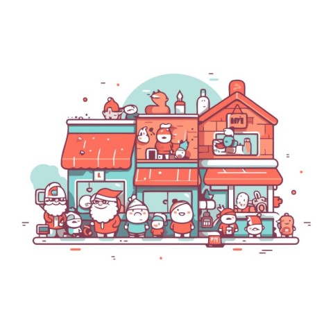 Santa Claus and his family in front of the house. Vector illustr