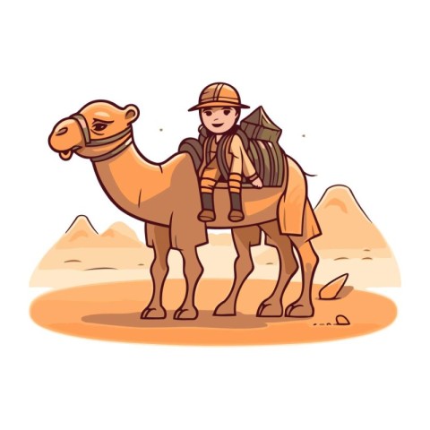 Vector illustration of a man in safari hat with camel in desert.