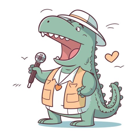 Cute crocodile with microphone. Vector illustration. Cartoon sty