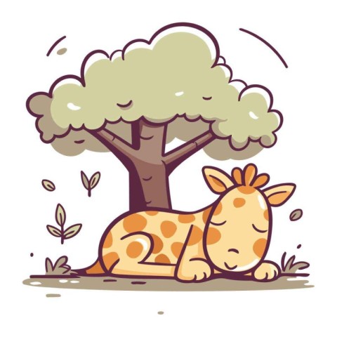 Cartoon vector illustration of cute giraffe sleeping under a tre