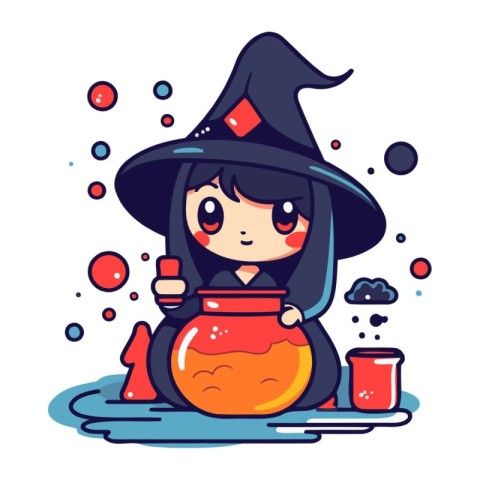 Cute little girl in witch costume with potion. Vector illustrati