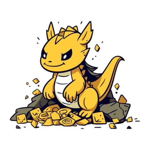 Cute dinosaur sitting on a pile of gold. Vector illustration.