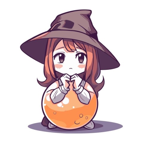 Cute little girl in witch costume holding magic ball. Vector ill