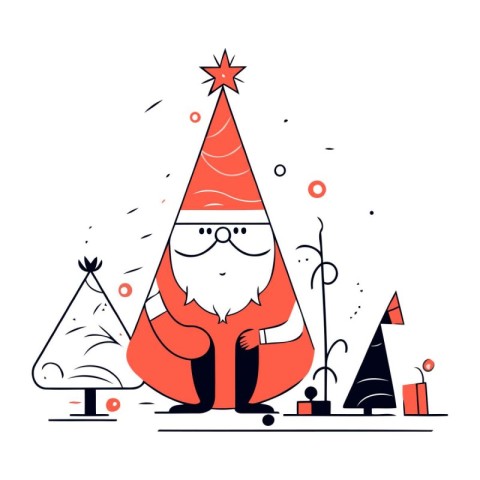 Santa Claus with Christmas tree. Vector illustration in flat lin